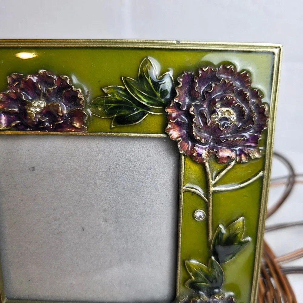 Vintage 90s Style Enamel Floral Picture Frame Green Purple Rhinestone Jeweled